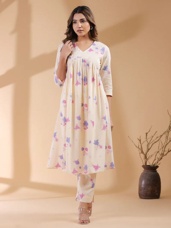 Rich Creme Pure Cotton Floral Printed A-line Kurta Pant Set