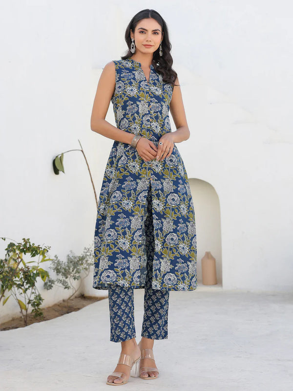 Dark Blue Pure Cotton Floral Printed Kurta Pant Set