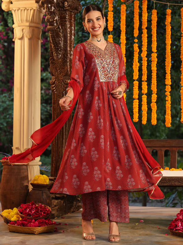 Red Ajrakh Printed Embroidered Suit