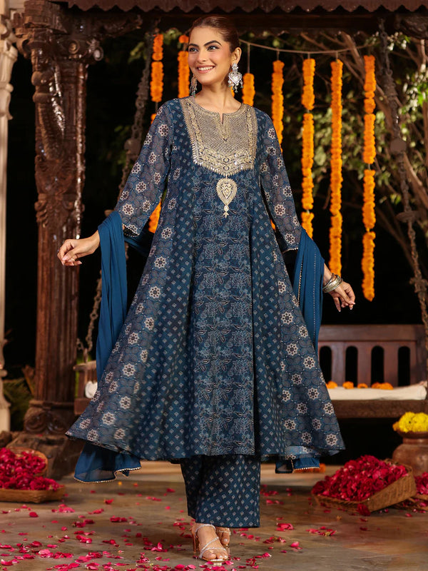 Exquisite Blue Ajrakh Printed Embellished Anarkali Kurta Set