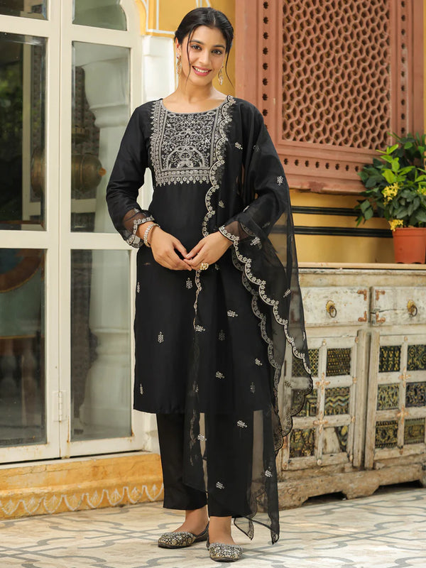 Black Silk Blend Embroidered Kurta set with Dupatta