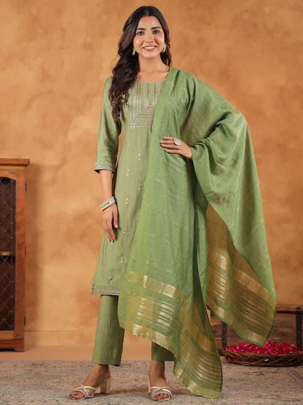Green Embroidered Suit with Jacquard Dupatta