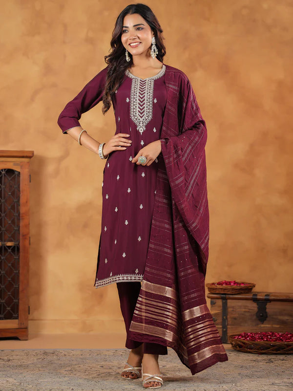 Wine Embroidered Suit with Jacquard Dupatta