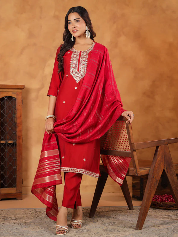 Red Chanderi Silk Embroidered Suit with Jacquard Dupatta