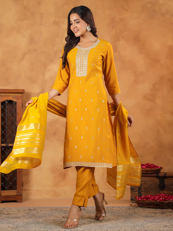 Mustard Chanderi Embroidered Suit with Jacquard Dupatta