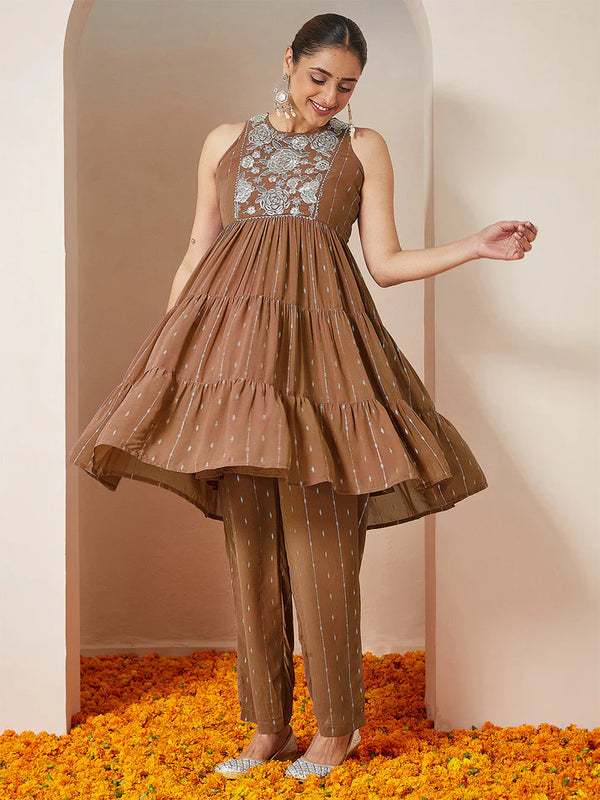 Brown Georgette Tiered Festive Kurta Pant Set