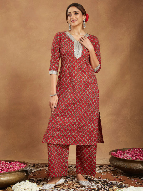 Maroon Pure Cotton Embellished Kurta Pant Set