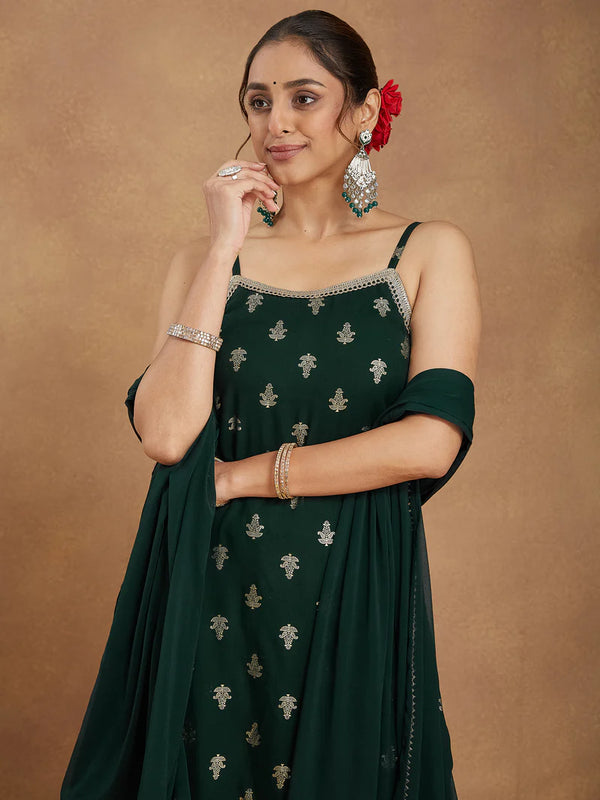 Dark Green Embellished Foil Printed Kurta Set with Dupatta