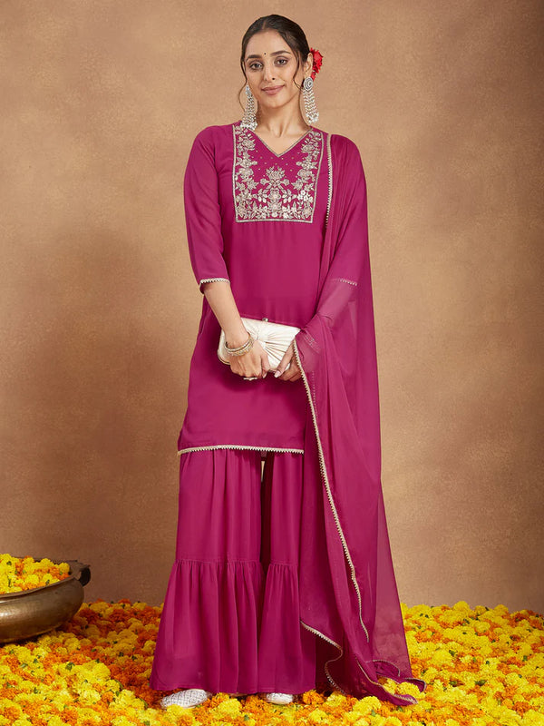 Pink Georgette Embroidered Kurta with Sharara and Dupatta