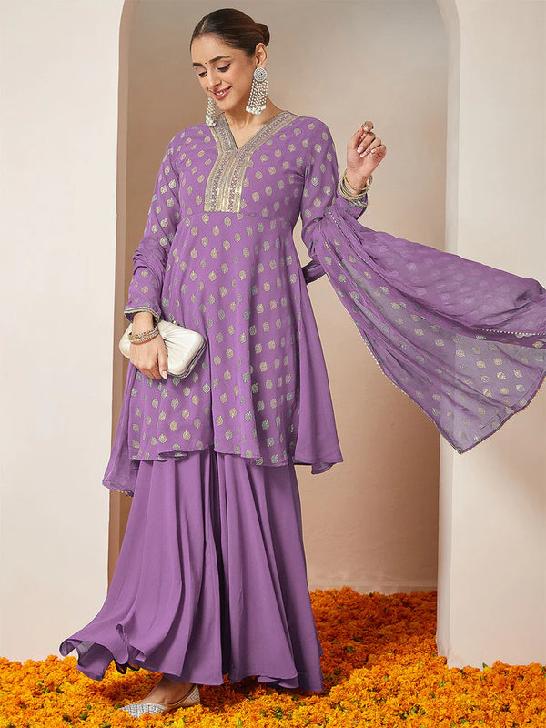 Lavender Georgette Embellished Foil printed Kurta Sharara set with Dupatta