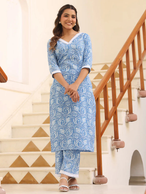 Pure Cotton V-Neck Printed Kurta Set