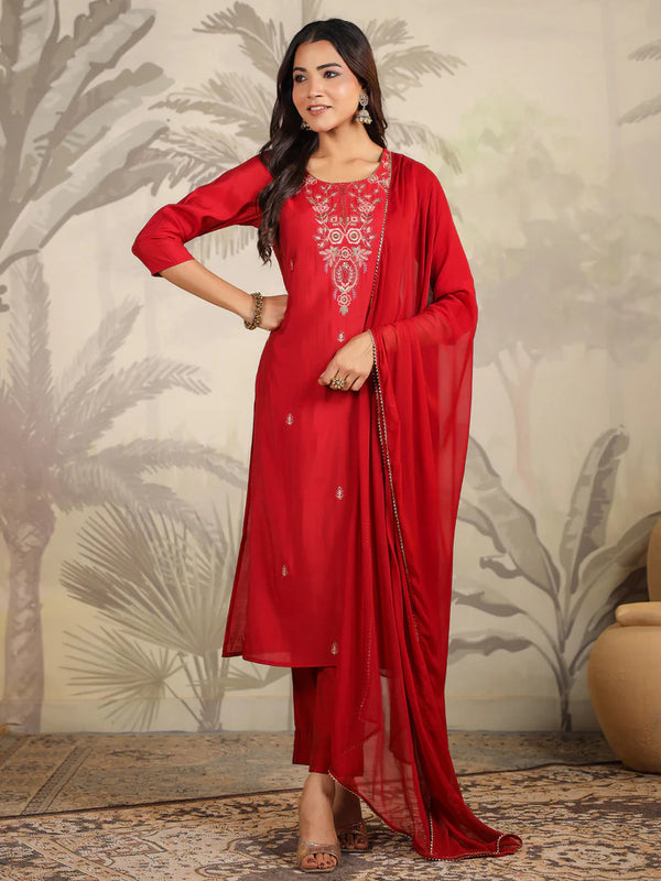 Red Chanderi Silk Embroidered Suit with Dupatta
