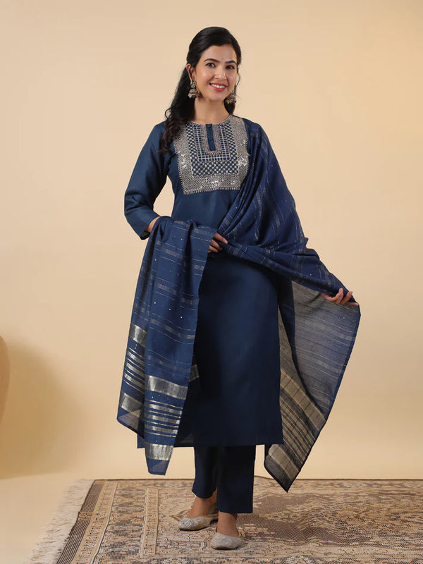 Blue Partywear Embroidered Suit with Jacquard Dupatta
