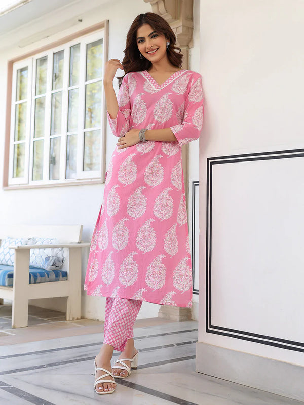 Pure Cotton Ethnic Motifs Printed Kurta Set Pink