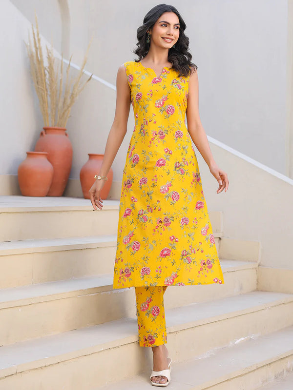 Yellow Pure Cotton Floral Print Kurta Set