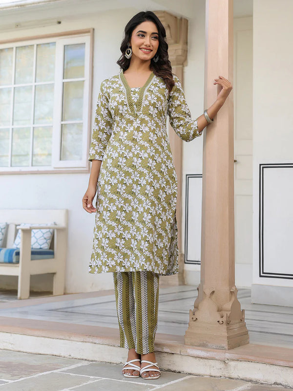 Olive Green Pure Cotton Floral Kurta Set