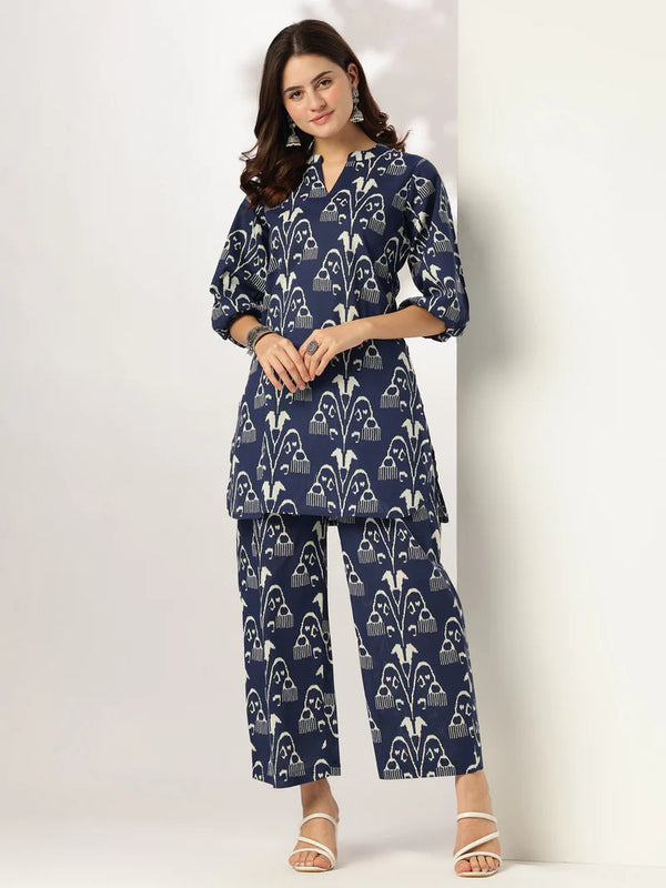 Rich Blue Jaipuri Cotton Ikkat Pattern Kurta Set
