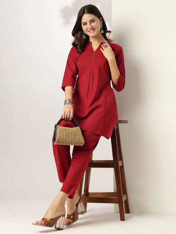 Maroon Pure Cotton Solid Co-ord Set