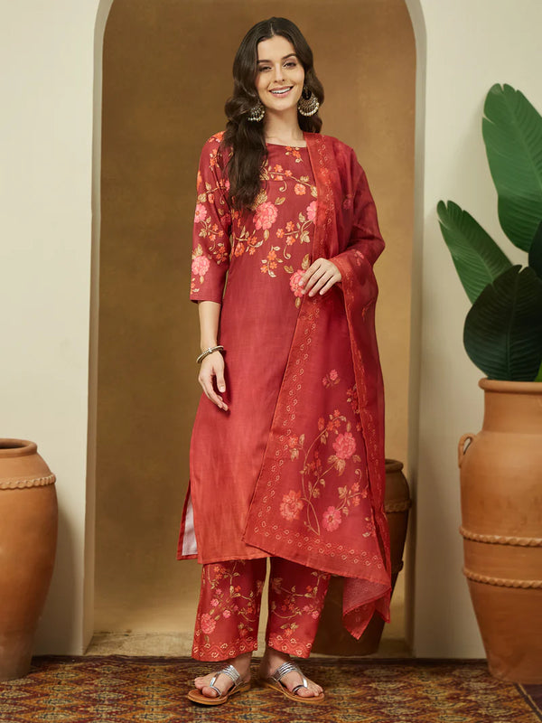 Maroon Floral Printed Cotton Blend Kurta set with Dupatta