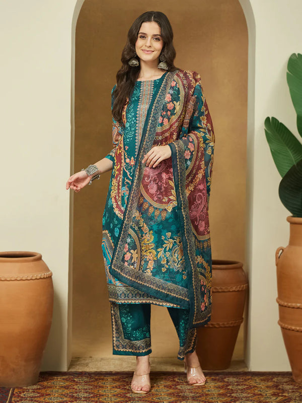 Teal Blue Ethnic Motifs Printed Kurta Set with Dupatta