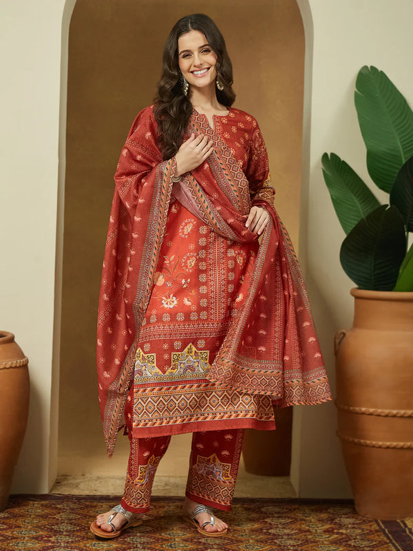 Red Cotton Blend Floral Printed Kurta Set with Dupatta