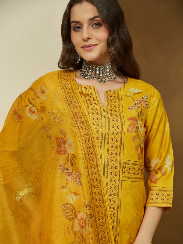 Yellow Cotton Blend Floral Printed Kurta set with Dupatta