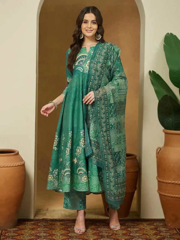 Sage Green Floral Printed Cotton Blend Kurta Set with Dupatta