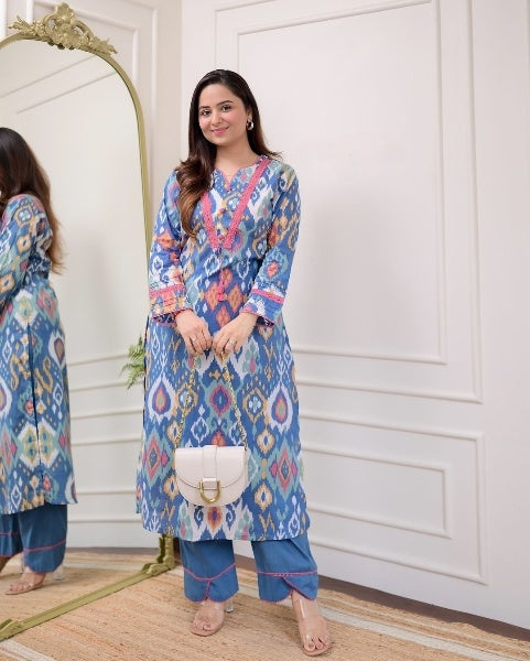 Blue Cotton Kurta with Pants (Upto 7XL)