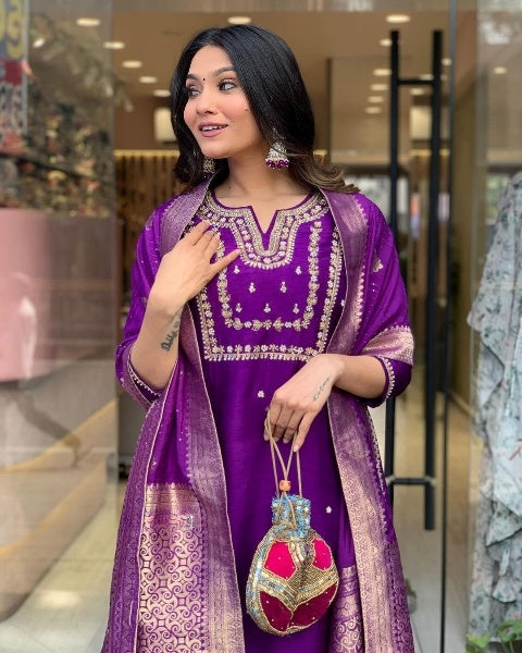 Indigo Embroidered Chanderi Silk Suit set with Jacuard work Dupatta