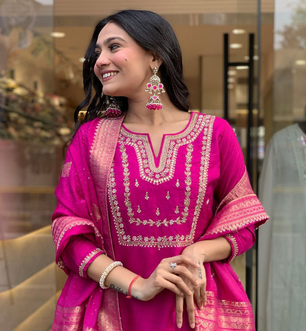 Pink Chanderi Silk Embroidered Suit with Pant and Dupatta