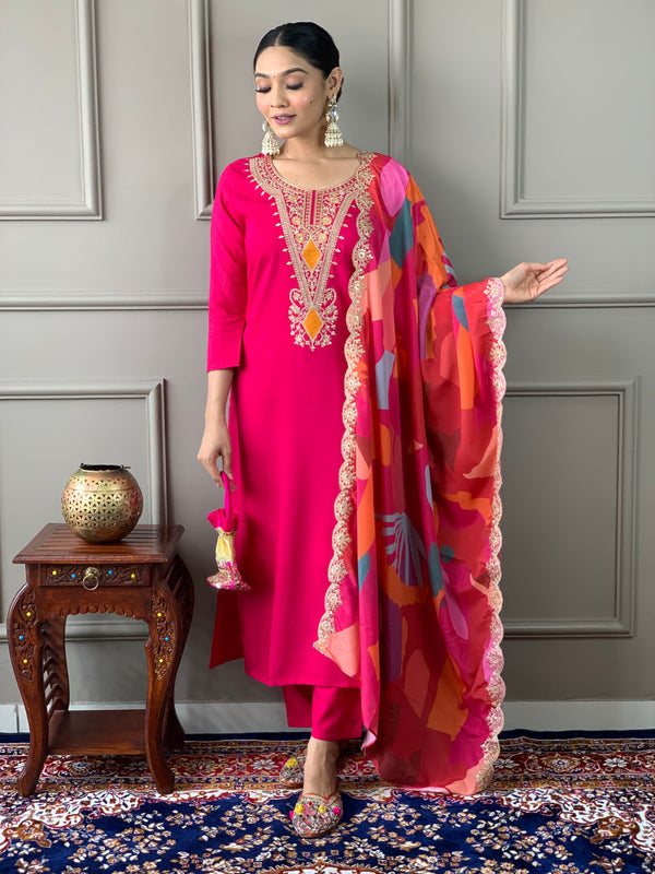 Womens Red Viscose Silk Embroidered Kurta Set