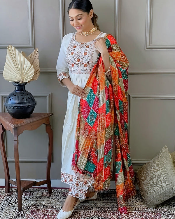 White Flared Embroidered suit set