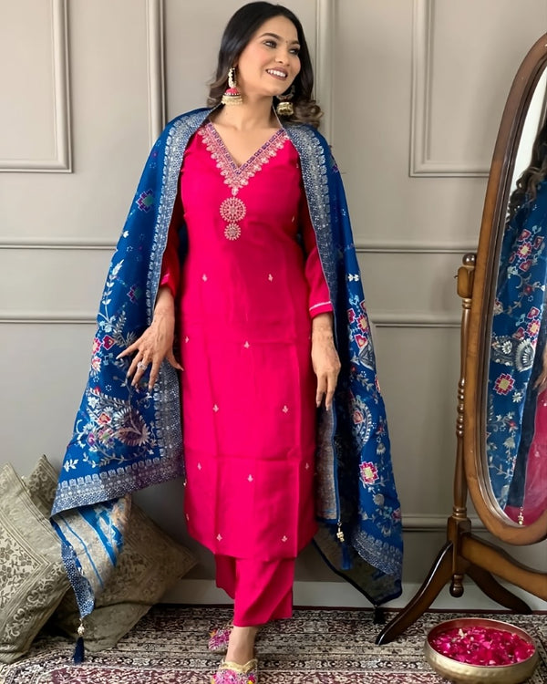 Pink Chanderi Embroidered Kurta set