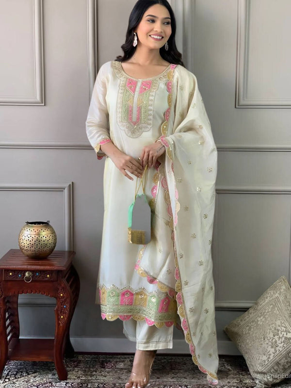 Creme Womens Embroidered Chanderi Suit Set with Organza Dupatta
