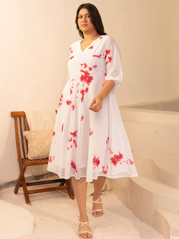 Plus Size Off White Dobby Georgette Tie and Dye Dress