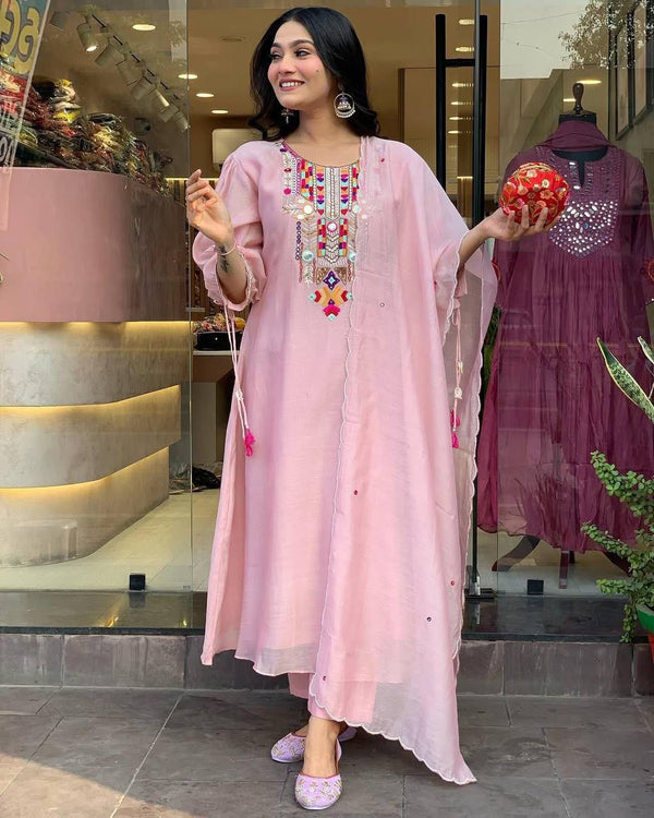 Pink Chanderi Embroidered Suit with mirrorwork