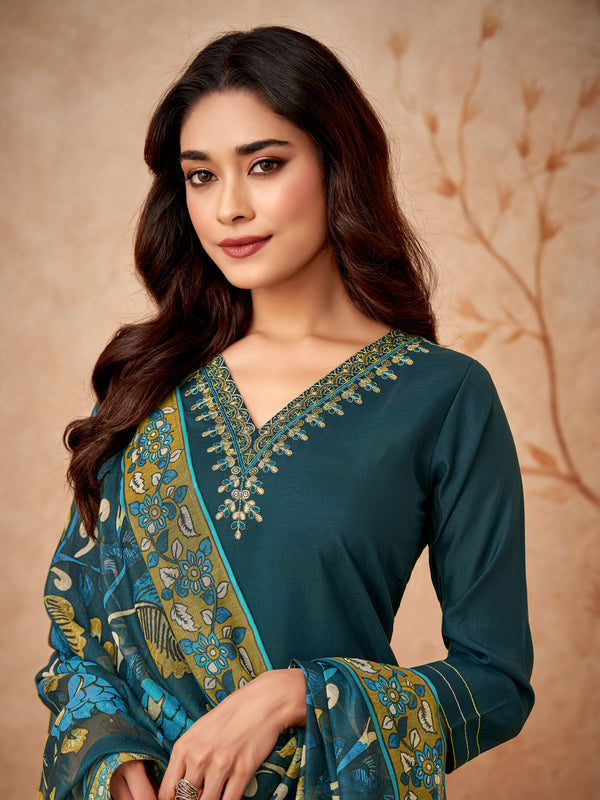 Dark Green V-Neck Embroidered Suit set