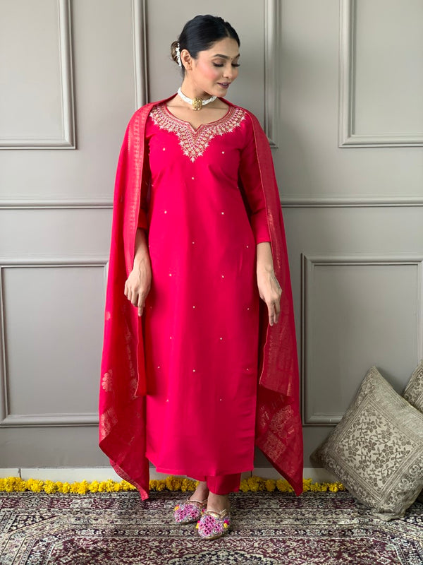 Red Elite Suit set with Jacquard Dupatta