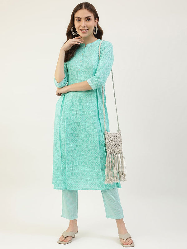 Sky Blue Printed Cotton Kurti with Pants