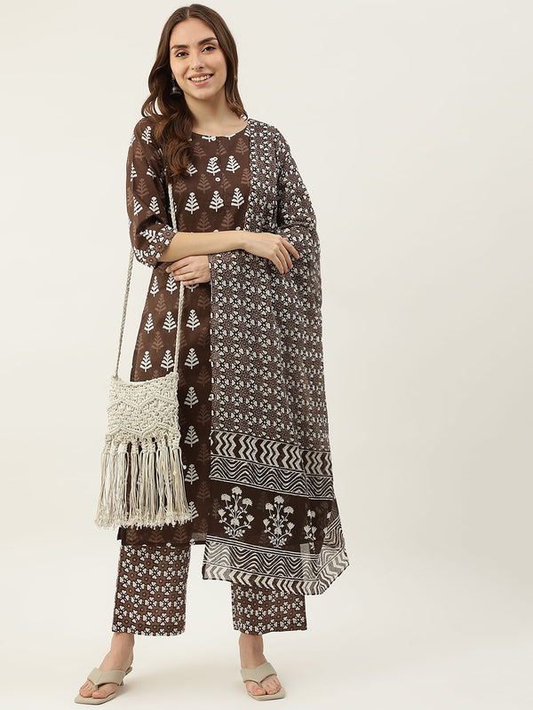 Brown Printed Dress with Dupatta