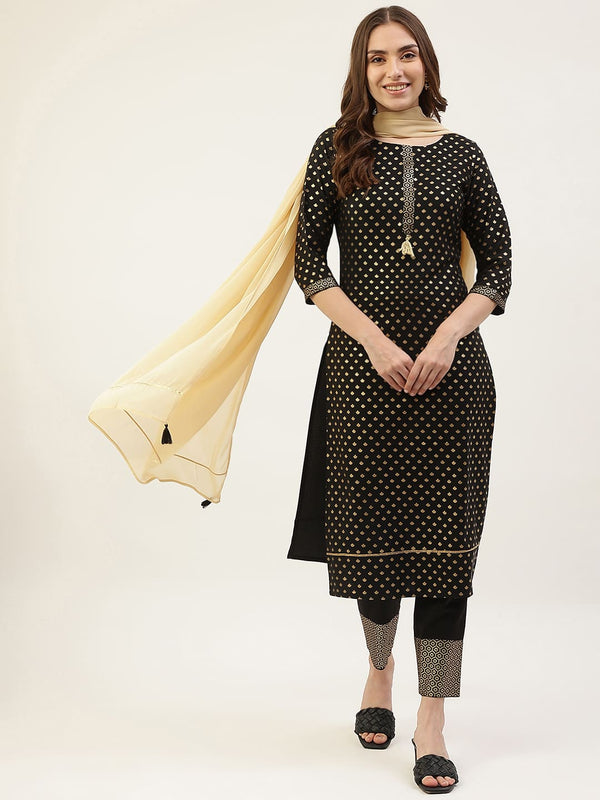 Black Foil Printed Dress with Dupatta