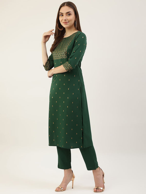 Dark Green Foil Printed Dress with Dupatta