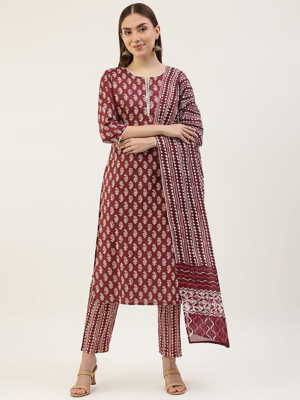 Maroon Printed Cotton Dress with Dupatta