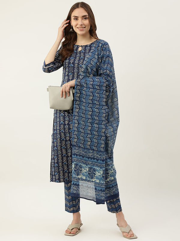 Rich Blue Cotton Printed Dress with Dupatta