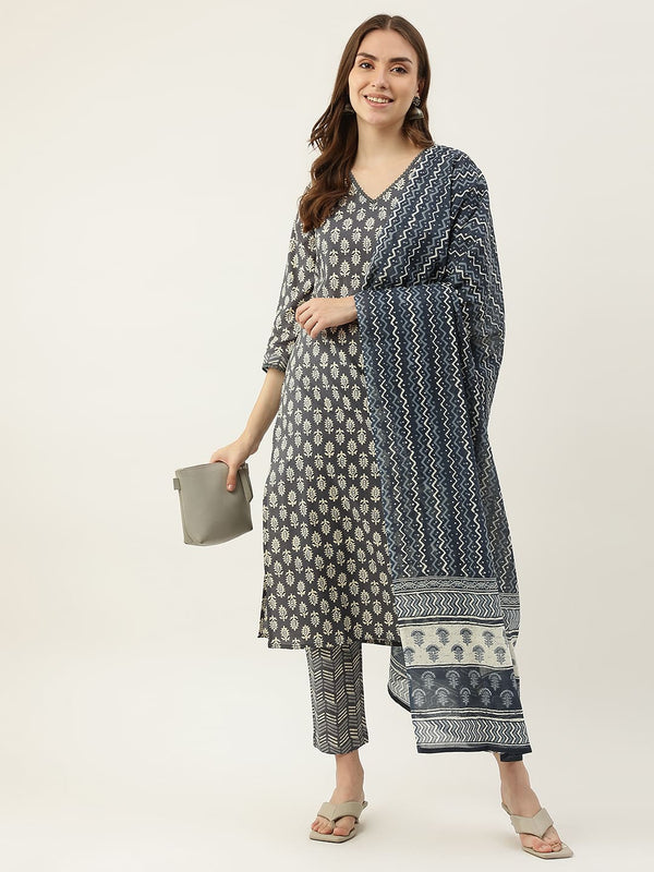 Black and White Cotton Printed Dress with Dupatta