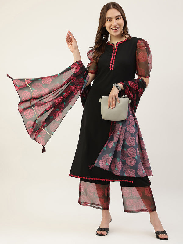 Black Dress with Floral Design Dupatta