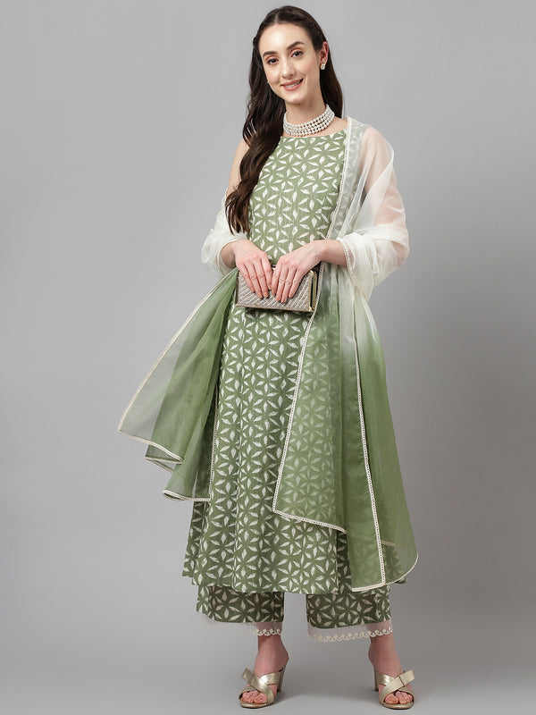 Green Printed Cotton Dress with Plazzo and Dupatta