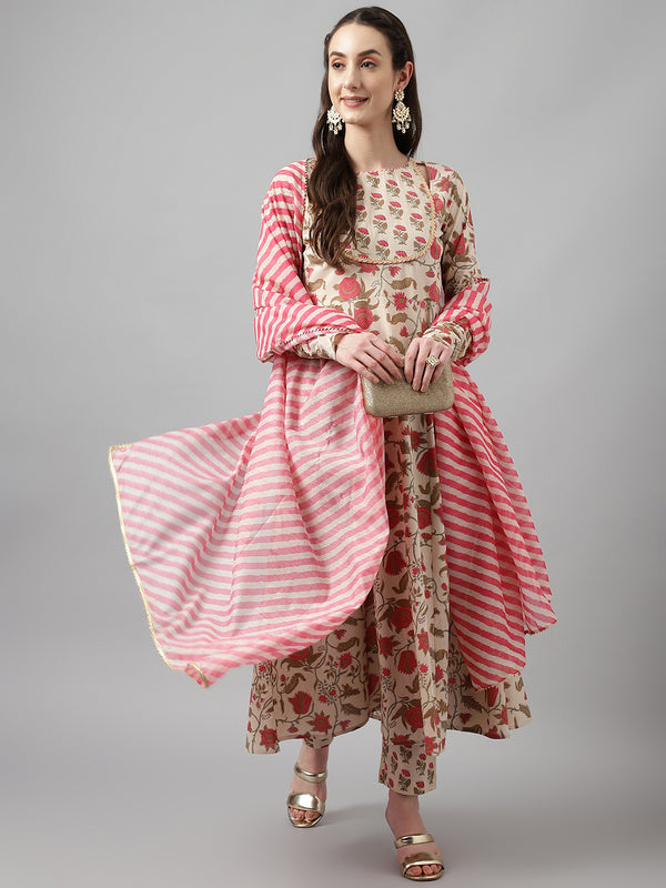 Cream Printed Cotton Dress with Chanderi Dupatta