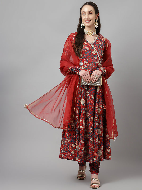 Royal Red Cotton Anarkali Dress with Chanderi Dupatta