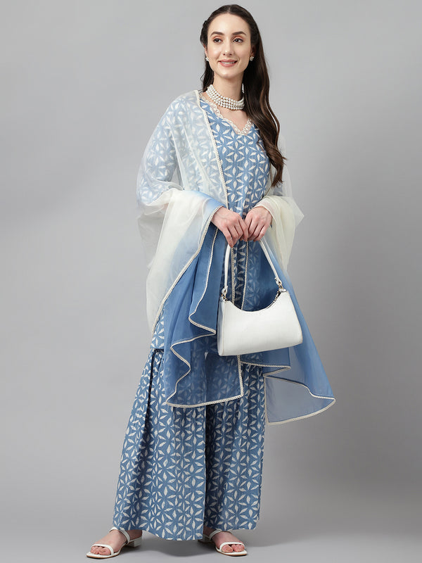 Sky Blue Printed Sharara Dress with Dupatta